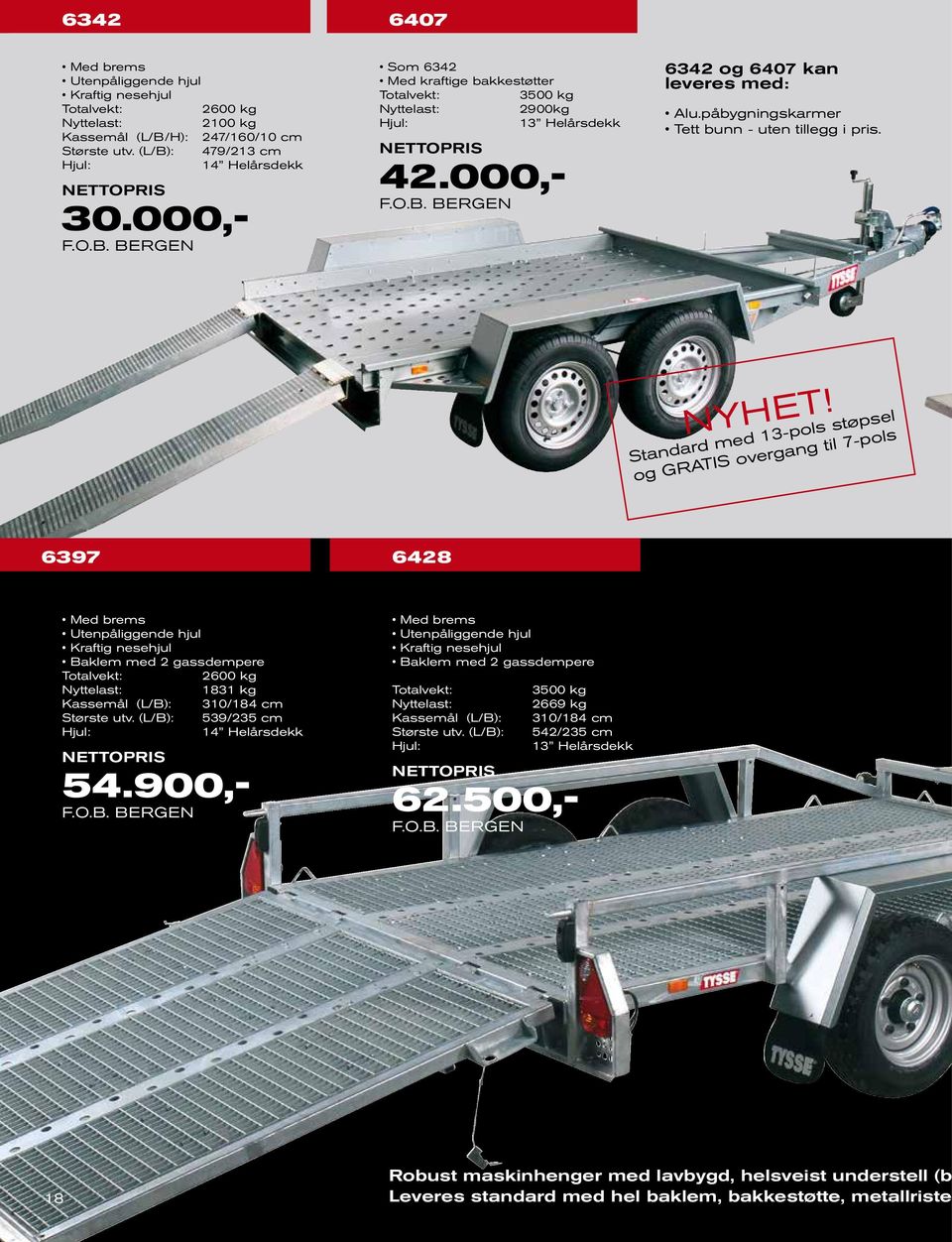 Standard med 13-pols støpsel og GRATIS overgang til 7-pols 6397 6428 Utenpåliggende hjul Baklem med 2 gassdempere 2600 kg 1831 kg Kassemål (L/B): 310/184 cm Største utv.