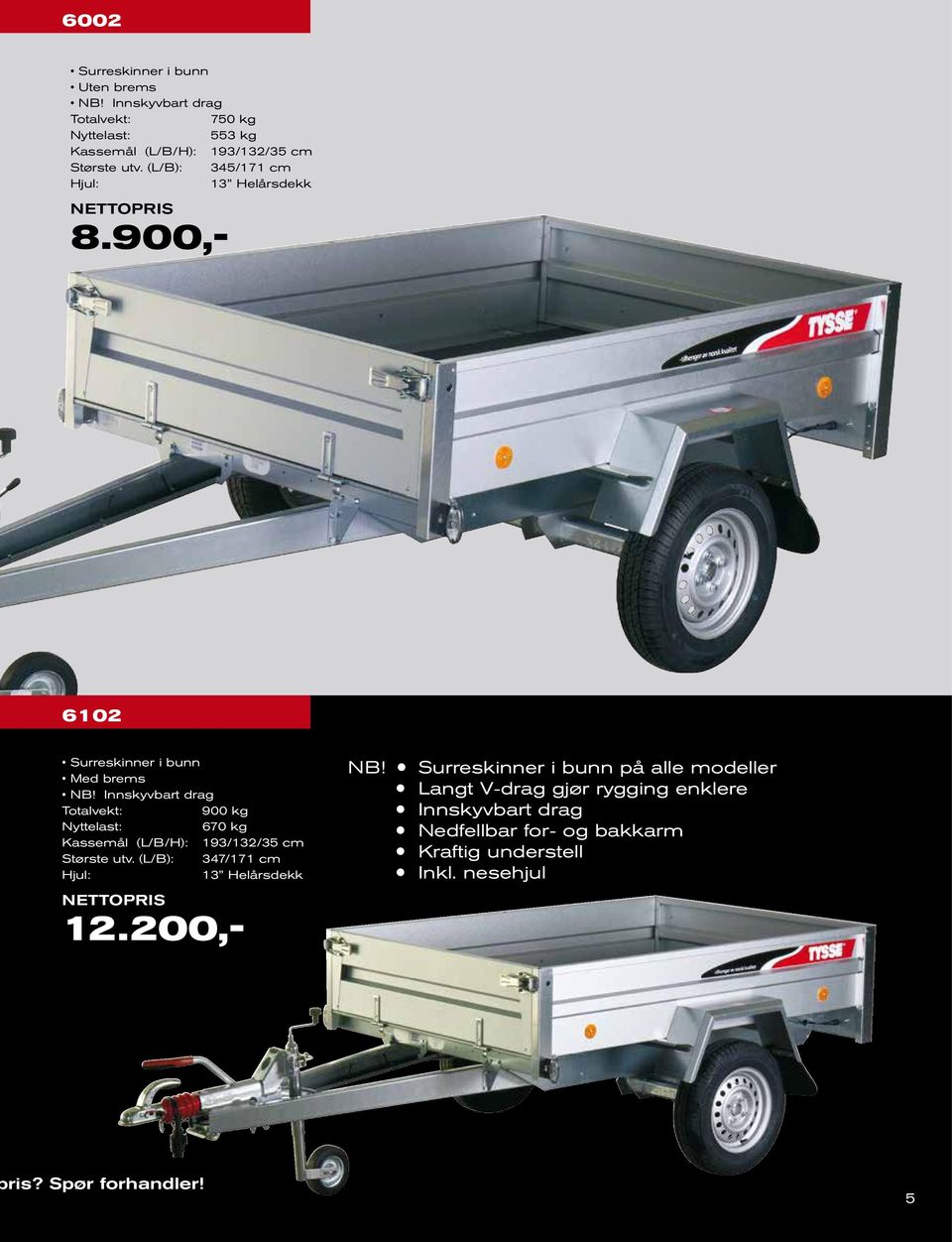 Innskyvbart drag 900 kg 670 kg Kassemål (L/B/H): 193/132/35 cm Største utv. (L/B): 347/171 cm 12.