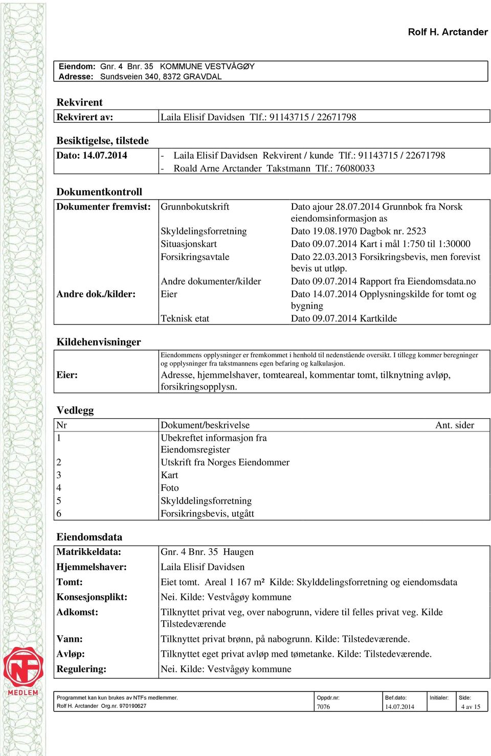 /kilder: Andre dokumenter/kilder Eier Teknisk etat Dato ajour 28.07.2014 Grunnbok fra Norsk eiendomsinformasjon as Dato 19.08.1970 Dagbok nr. 2523 Dato 09.07.2014 Kart i mål 1:750 til 1:30000 Dato 22.