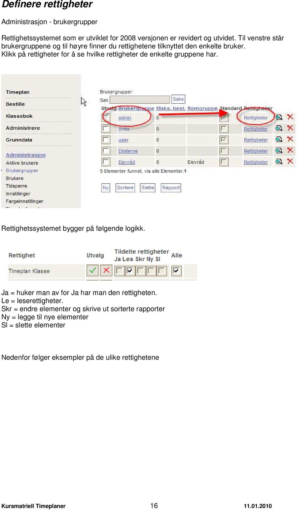 Klikk på rettigheter for å se hvilke rettigheter de enkelte gruppene har. Rettighetssystemet bygger på følgende logikk.