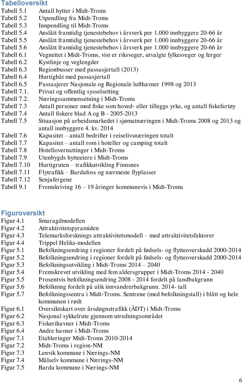 1 Vegnettet i Midt-Troms, vist er riksveger, utvalgte fylkesveger og ferger Tabell 6.2 Kystlinje og veglengder Tabell 6.3 Regionbusser med passasjertall (2013) Tabell 6.