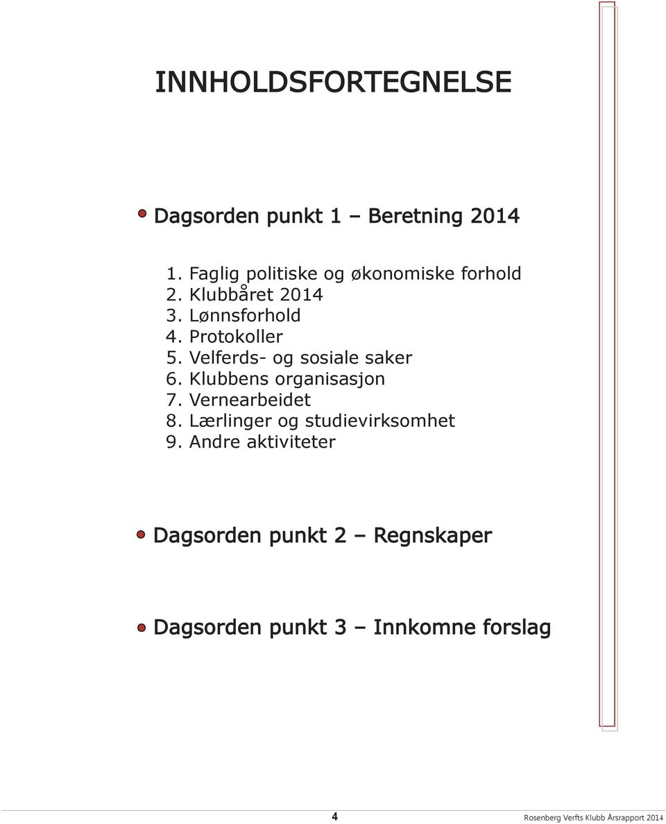 Velferds- og sosiale saker 6. Klubbens organisasjon 7. Vernearbeidet 8.