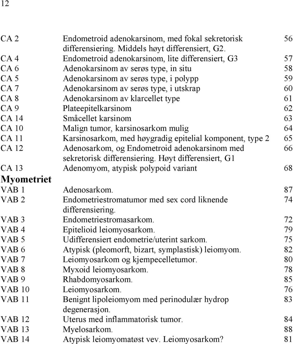 8 Adenokarsinom av klarcellet type 61 CA 9 Plateepitelkarsinom 62 CA 14 Småcellet karsinom 63 CA 10 Malign tumor, karsinosarkom mulig 64 CA 11 Karsinosarkom, med høygradig epitelial komponent, type 2