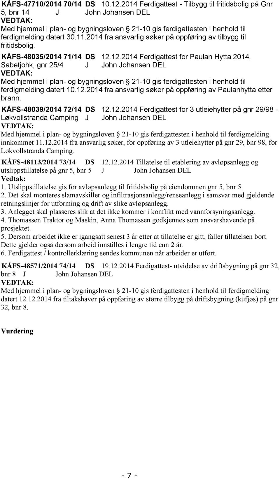 2014 fra ansvarlig søker på oppføring av tilbygg til fritidsbolig. KÅFS-48035/2014 71/14 DS 12.