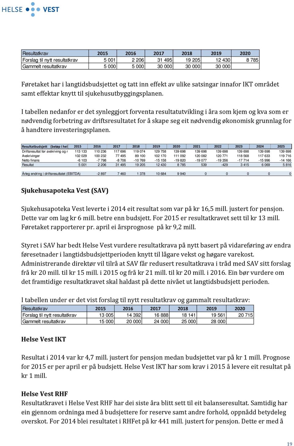 I tabellen nedanfor er det synleggjort forventa resultatutvikling i åra som kjem og kva som er nødvendig forbetring av driftsresultatet for å skape seg eit nødvendig økonomisk grunnlag for å handtere