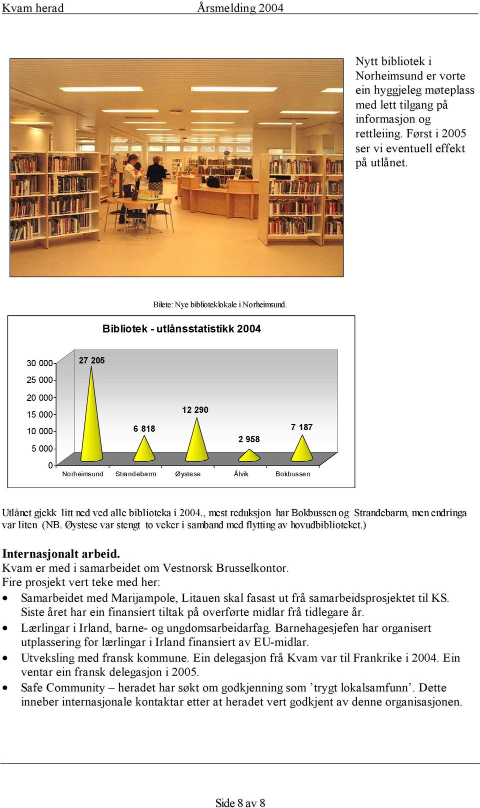 i 2004., mest reduksjon har Bokbussen og Strandebarm, men endringa var liten (NB. Øystese var stengt to veker i samband med flytting av hovudbiblioteket.) Internasjonalt arbeid.