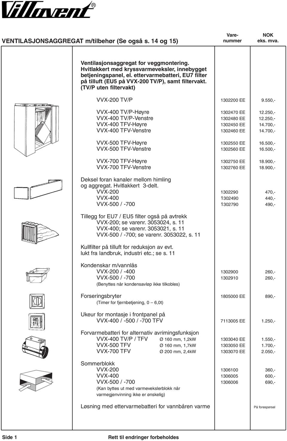 250,- VVX-400 TV/P-Venstre 1302480 EE 12.250,- VVX-400 TFV-Høyre 1302450 EE 14.700,- VVX-400 TFV-Venstre 1302460 EE 14.700,- VVX-500 TFV-Høyre 1302550 EE 16.500,- VVX-500 TFV-Venstre 1302560 EE 16.