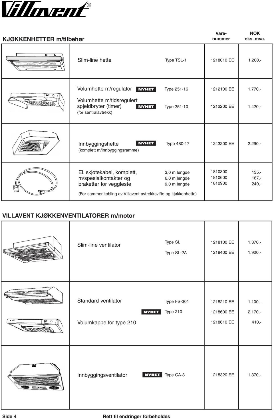 skjøtekabel, komplett, m/spesialkontakter og braketter for veggfeste 3,0 m lengde 6,0 m lengde 9,0 m lengde 1810300 1810600 1810900 135,- 187,- 240,- (For sammenkobling av Villavent avtrekksvifte og