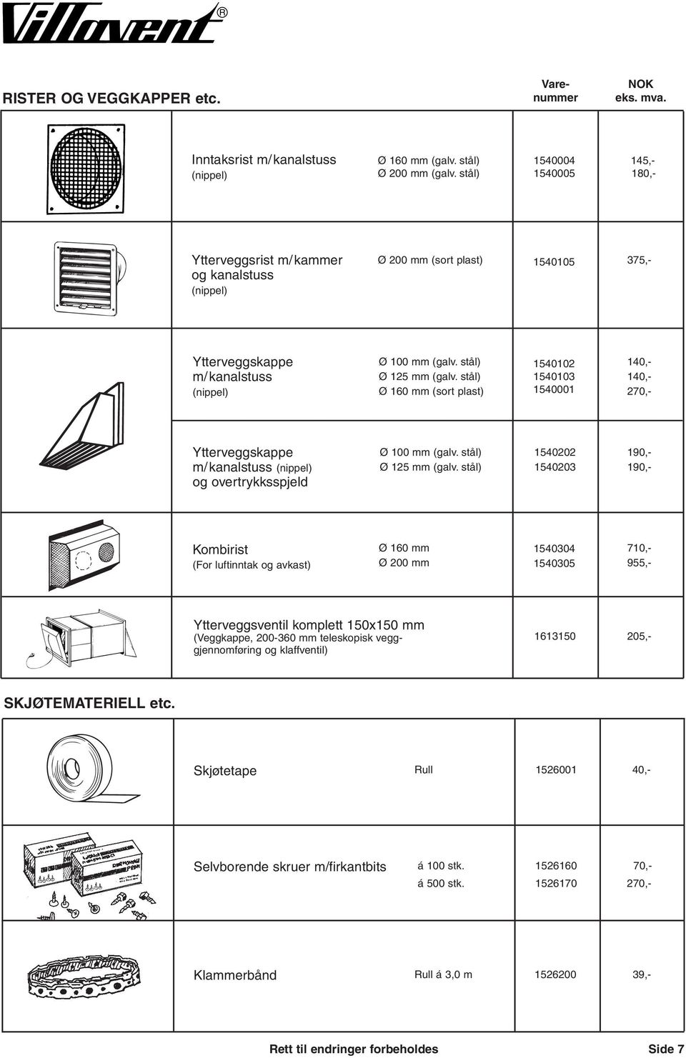 stål) (sort plast) 1540102 1540103 1540001 140,- 140,- 270,- Ytterveggskappe m/ kanalstuss (nippel) og overtrykksspjeld (galv. stål) (galv.