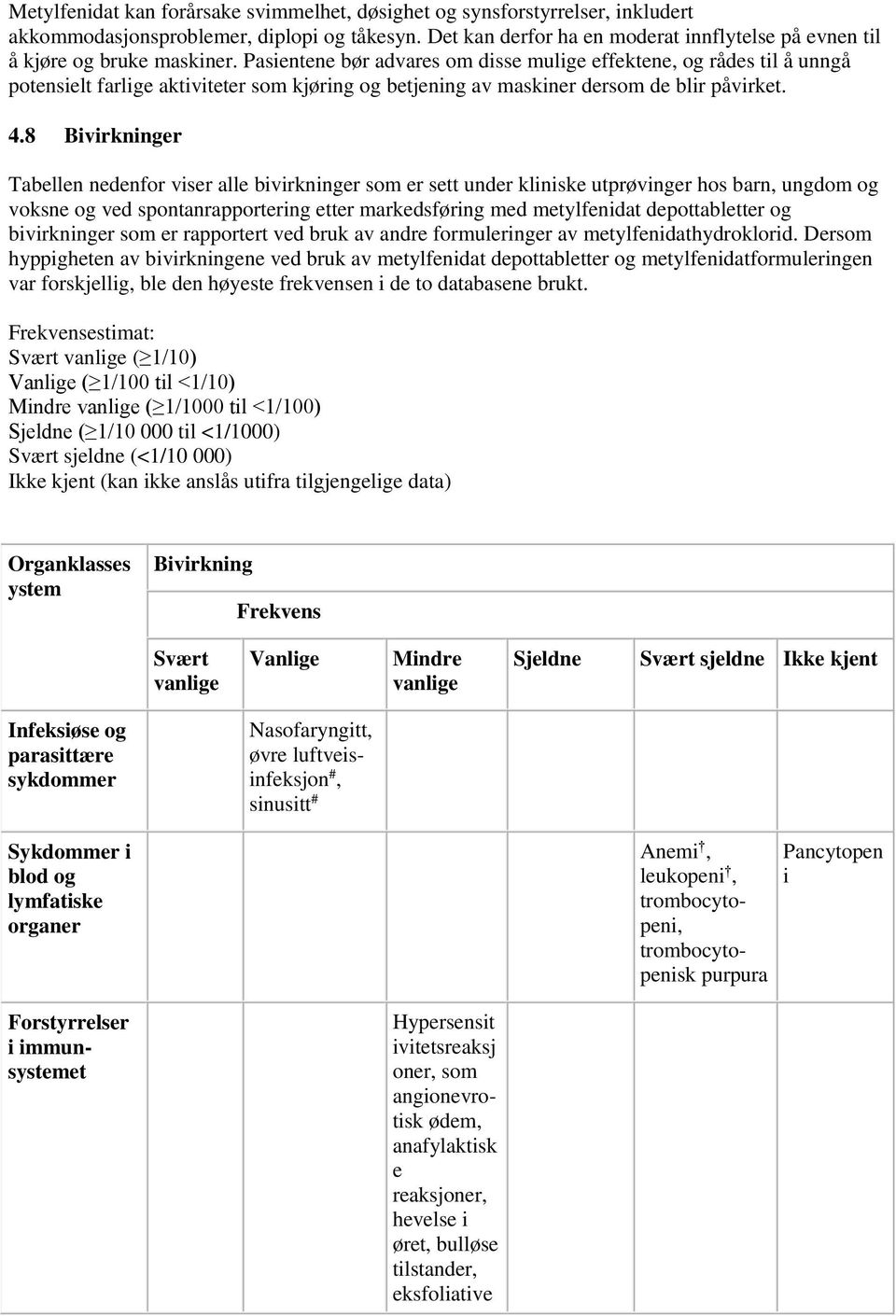 Pasientene bør advares om disse mulige effektene, og rådes til å unngå potensielt farlige aktiviteter som kjøring og betjening av maskiner dersom de blir påvirket. 4.