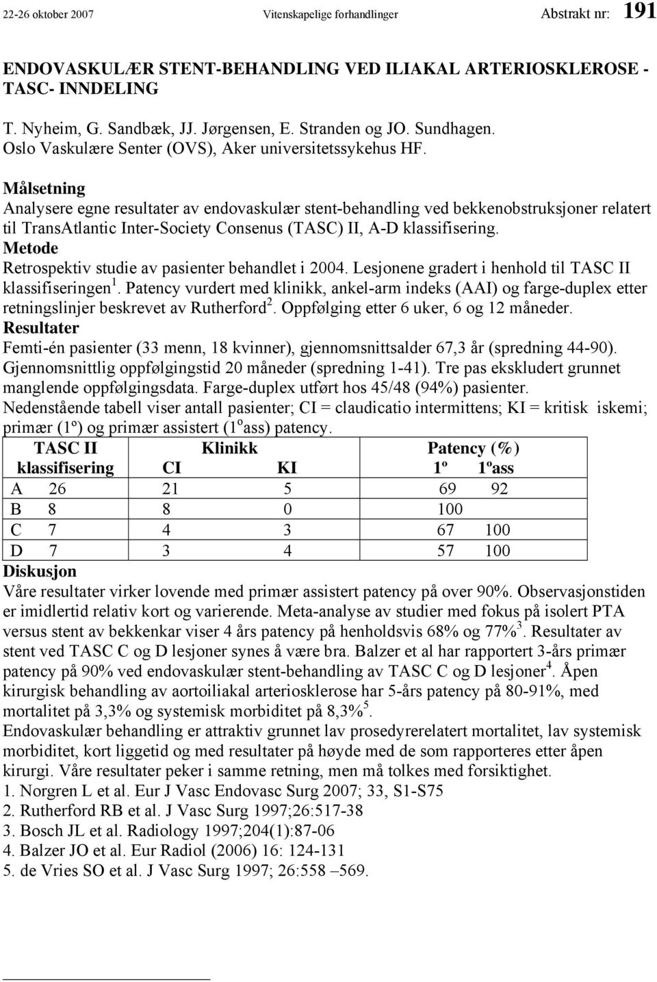 Målsetning Analysere egne resultater av endovaskulær stent-behandling ved bekkenobstruksjoner relatert til TransAtlantic Inter-Society Consenus (TASC) II, A-D klassifisering.