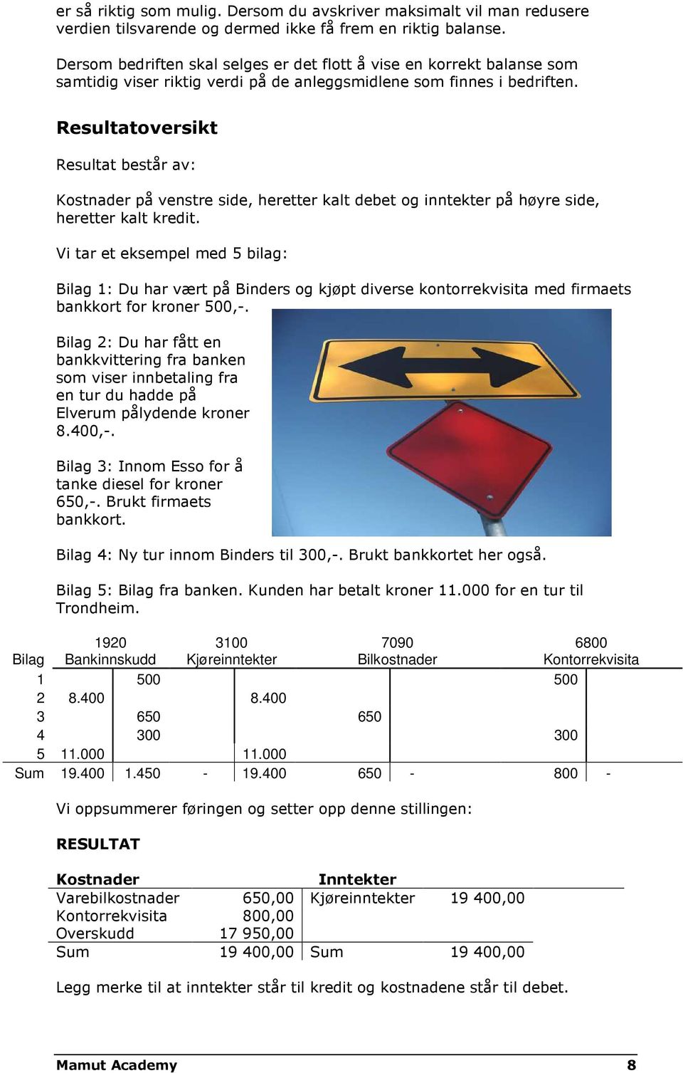 Resultatoversikt Resultat består av: Kostnader på venstre side, heretter kalt debet og inntekter på høyre side, heretter kalt kredit.