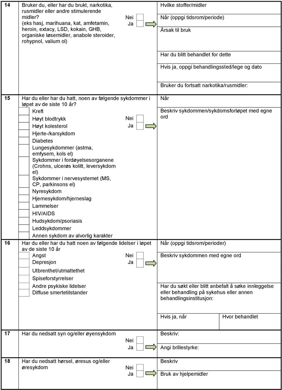 Har du blitt behandlet for dette Hvis ja, oppgi behandlingssted/lege og dato Bruker du fortsatt narkotika/rusmidler: 15 Har du eller har du hatt, noen av følgende sykdommer i Når løpet av de siste 10