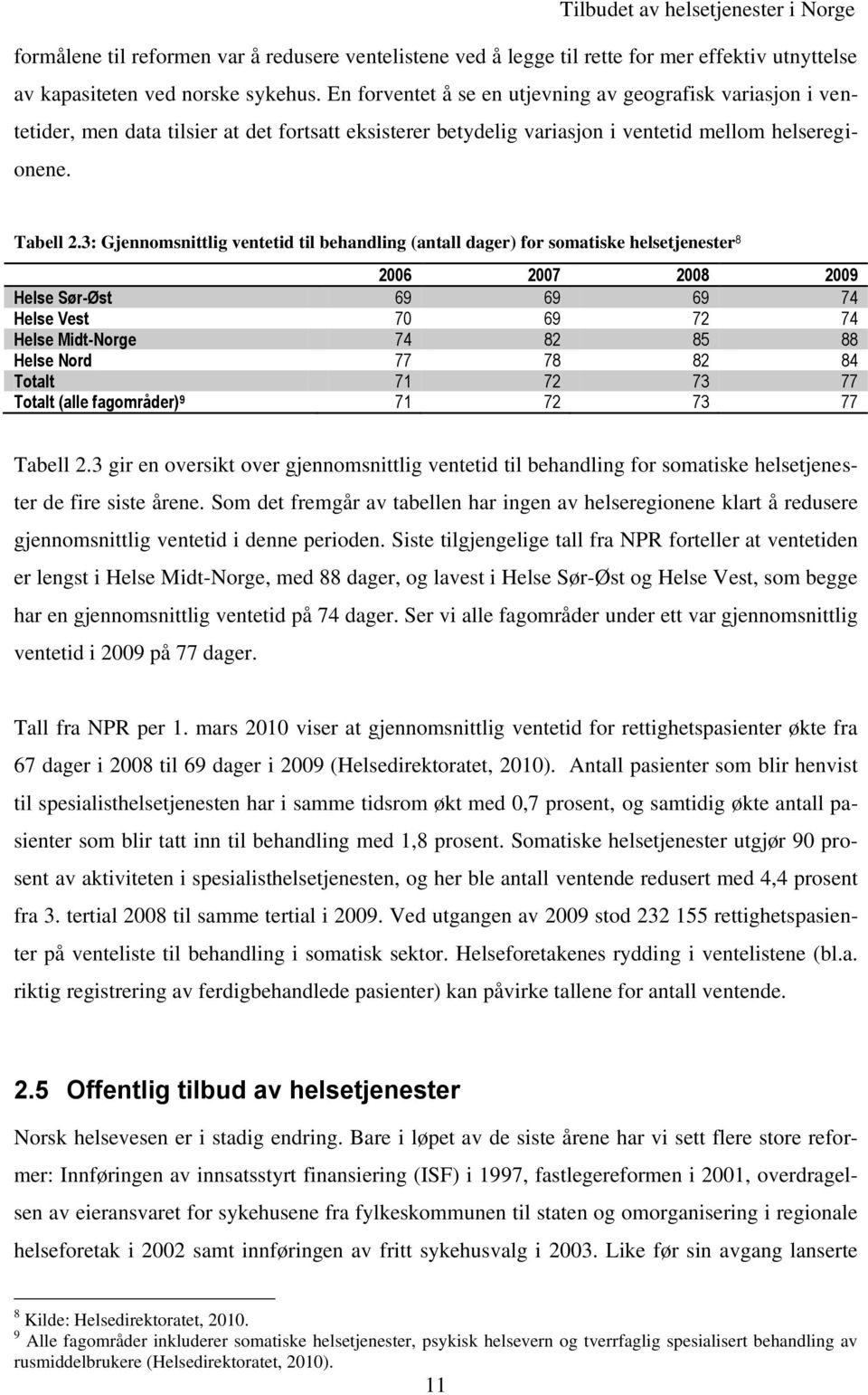 3: Gjennomsnittlig ventetid til behandling (antall dager) for somatiske helsetjenester 8 2006 2007 2008 2009 Helse Sør-Øst 69 69 69 74 Helse Vest 70 69 72 74 Helse Midt-Norge 74 82 85 88 Helse Nord