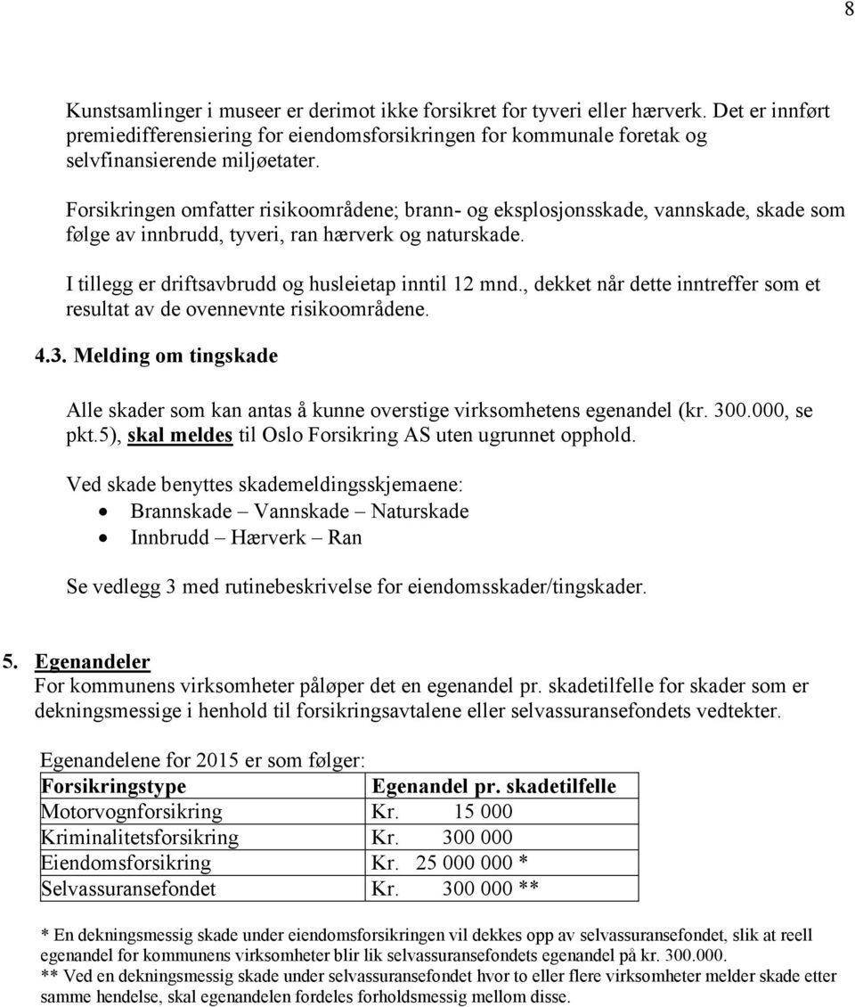 , dekket når dette inntreffer som et resultat av de ovennevnte risikoområdene. 4.3. Melding om tingskade Alle skader som kan antas å kunne overstige virksomhetens egenandel (kr. 300.000, se pkt.