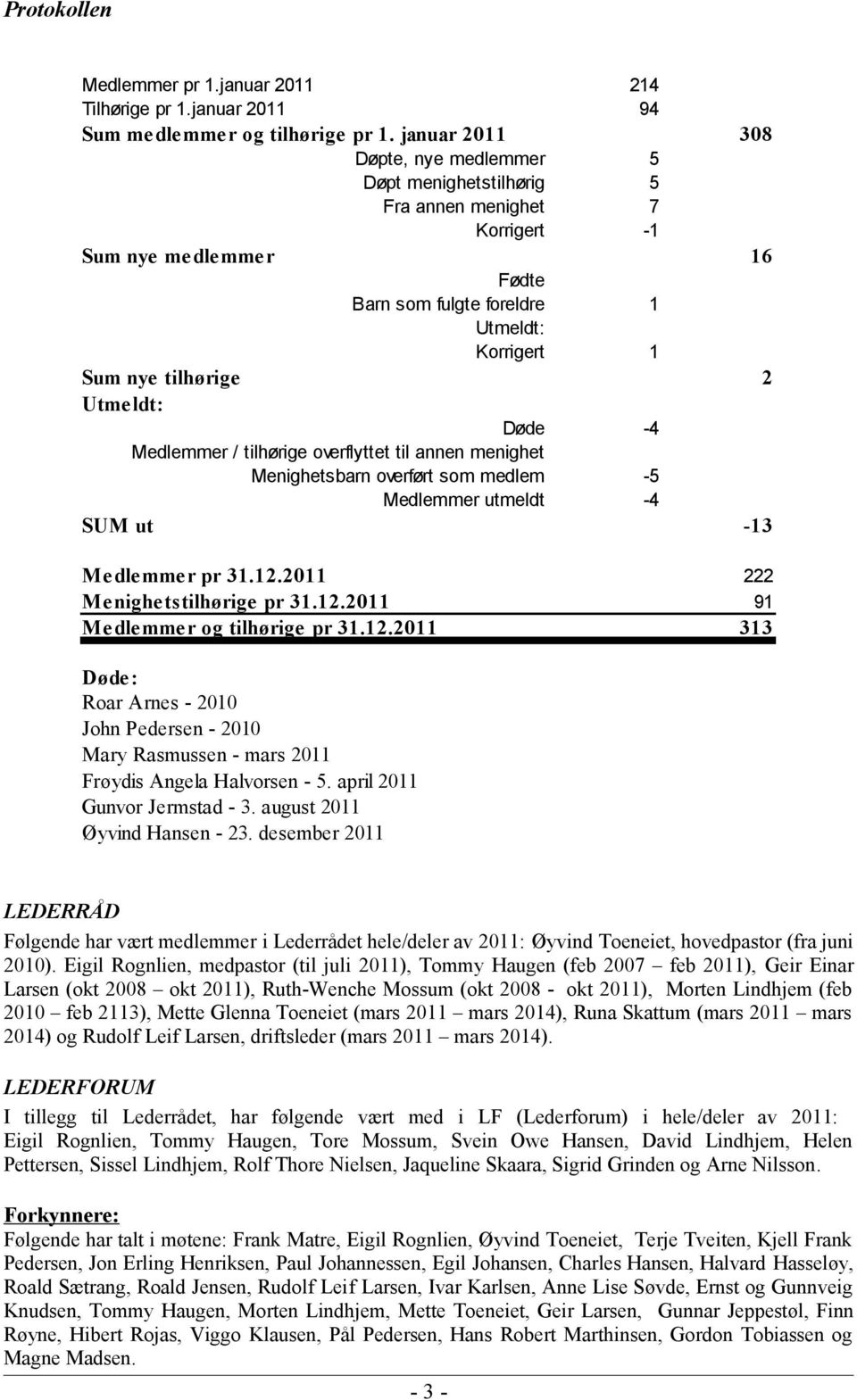 ldt: 2 Døde Medlemmer / tilhørige overflyttet til annen menighet Menighetsbarn overført som medlem Medlemmer utmeldt -4-5 -4 SUM ut -13 Me dle mme r pr 31.12.2011 Me nighe tstilhørige pr 31.12.2011 Me dle mme r og tilhørige pr 31.