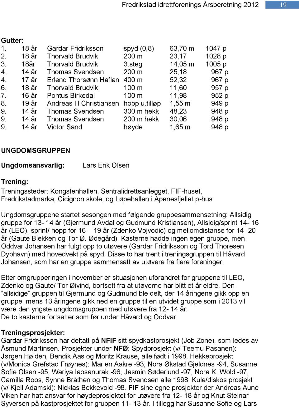 16 år Pontus Birkedal 100 m 11,98 952 p 8. 19 år Andreas H.Christiansen hopp u.tilløp 1,55 m 949 p 9. 14 år Thomas Svendsen 300 m hekk 48,23 948 p 9. 14 år Thomas Svendsen 200 m hekk 30,06 948 p 9.