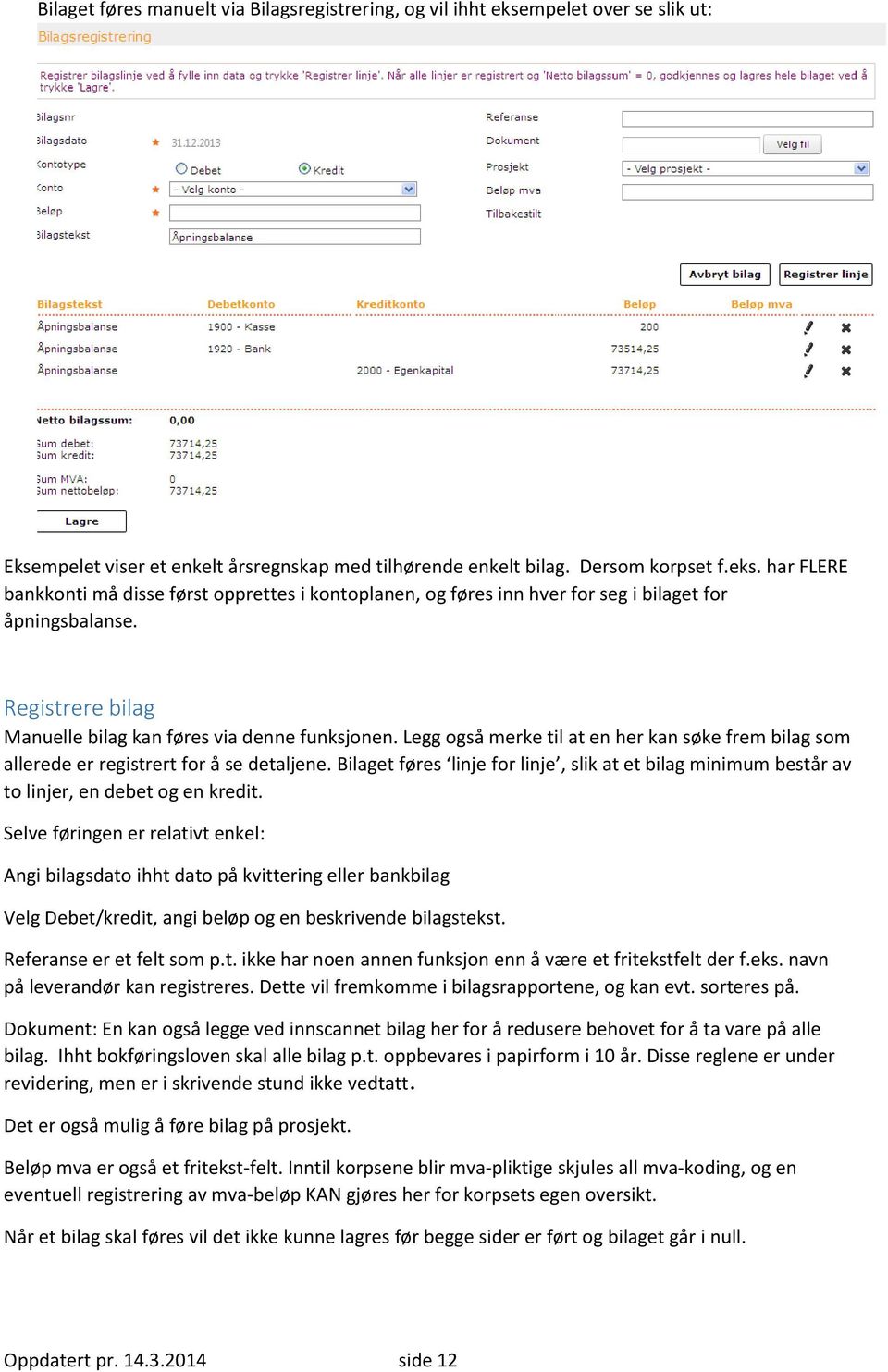 Bilaget føres linje for linje, slik at et bilag minimum består av to linjer, en debet og en kredit.