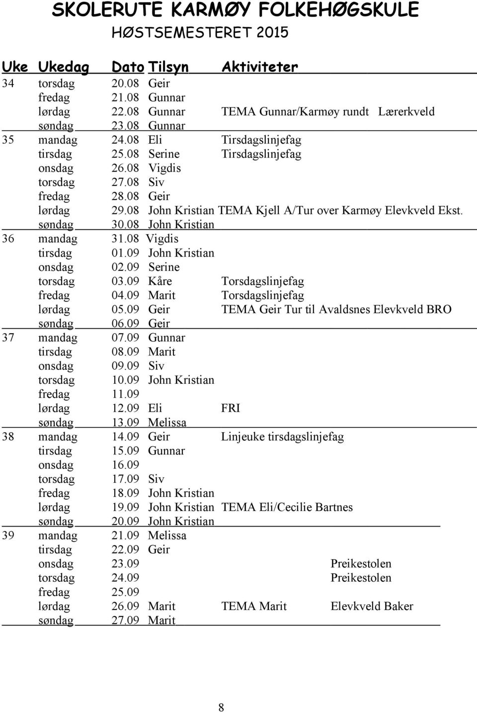 09 35 36 37 38 39 Aktiviteter TEMA /Karmøy rundt Lærerkveld Eli Tirsdagslinjefag Serine Tirsdagslinjefag Siv TEMA Kjell A/Tur over Karmøy Elevkveld Ekst.