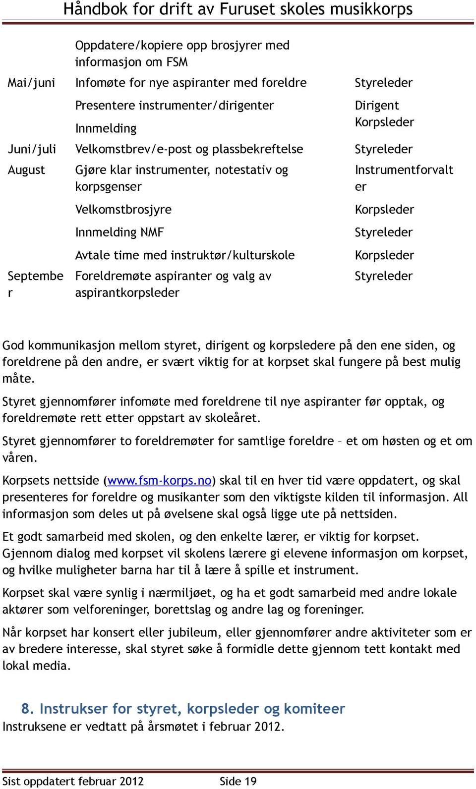 time med instruktør/kulturskole Foreldremøte aspiranter og valg av aspirantkorpsleder Instrumentforvalt er Korpsleder Styreleder Korpsleder Styreleder God kommunikasjon mellom styret, dirigent og