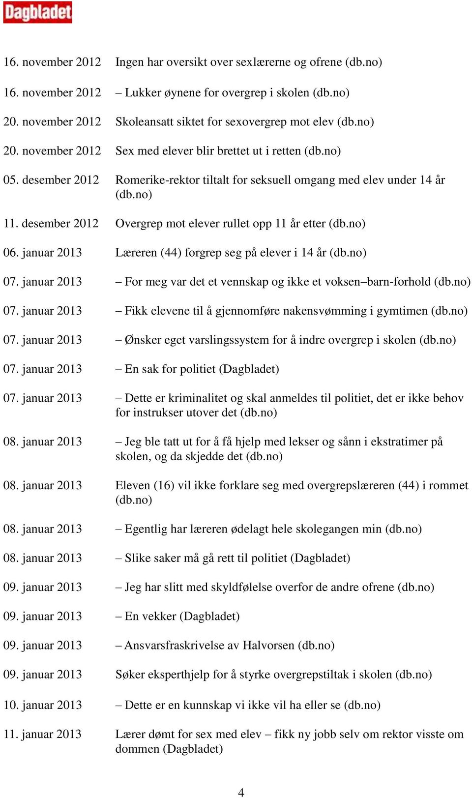 desember 2012 Overgrep mot elever rullet opp 11 år etter (db.no) 06. januar 2013 Læreren (44) forgrep seg på elever i 14 år (db.no) 07.