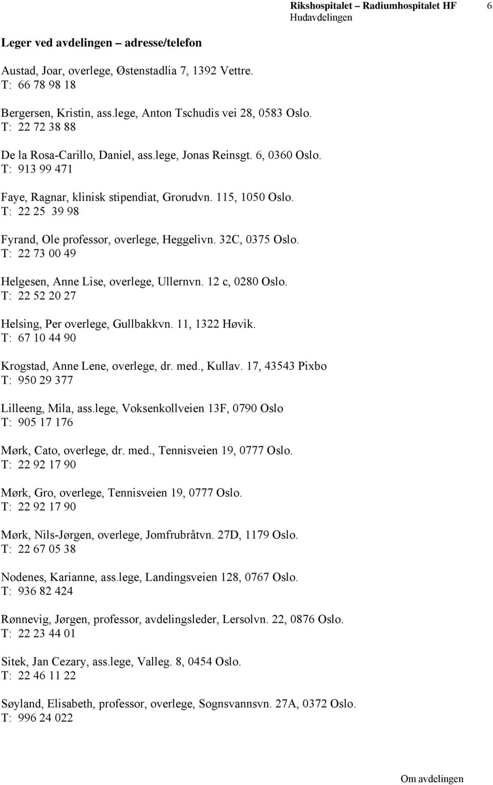 T: 22 25 39 98 Fyrand, Ole professor, overlege, Heggelivn. 32C, 0375 Oslo. T: 22 73 00 49 Helgesen, Anne Lise, overlege, Ullernvn. 12 c, 0280 Oslo. T: 22 52 20 27 Helsing, Per overlege, Gullbakkvn.