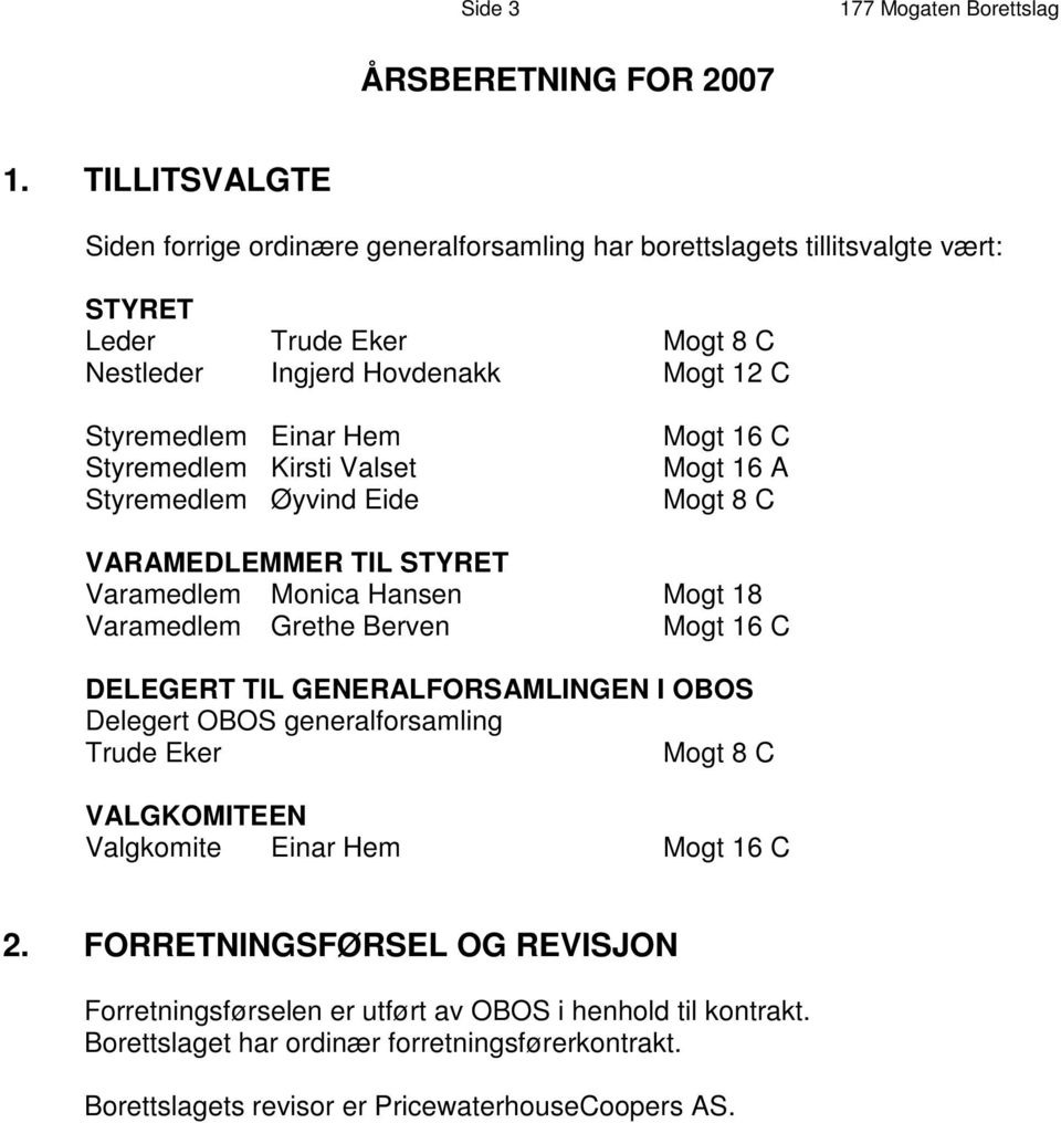 Styremedlem Kirsti Valset Styremedlem Øyvind Eide Mogt 16 C Mogt 16 A Mogt 8 C VARAMEDLEMMER TIL STYRET Varamedlem Monica Hansen Mogt 18 Varamedlem Grethe Berven Mogt 16 C DELEGERT TIL