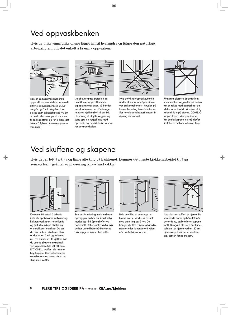 Ha gjerne en fri arbeidsflate på 40-60 cm ved siden av oppvaskkummen til oppvaskstativ, og for å gjøre det lettere å fylle og tømme oppvaskmaskinen.