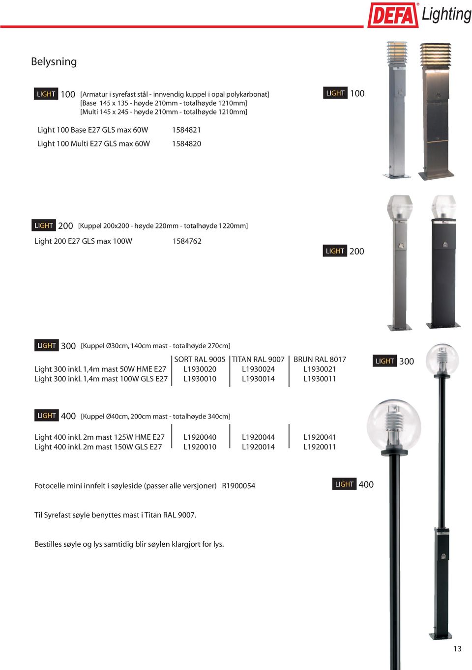 [Kuppel Ø30cm, 140cm mast - totalhøyde 270cm] SORT RAL 9005 TITAN RAL 9007 BRUN RAL 8017 Light 300 inkl. 1,4m mast 50W HME E27 L1930020 L1930024 L1930021 Light 300 inkl.