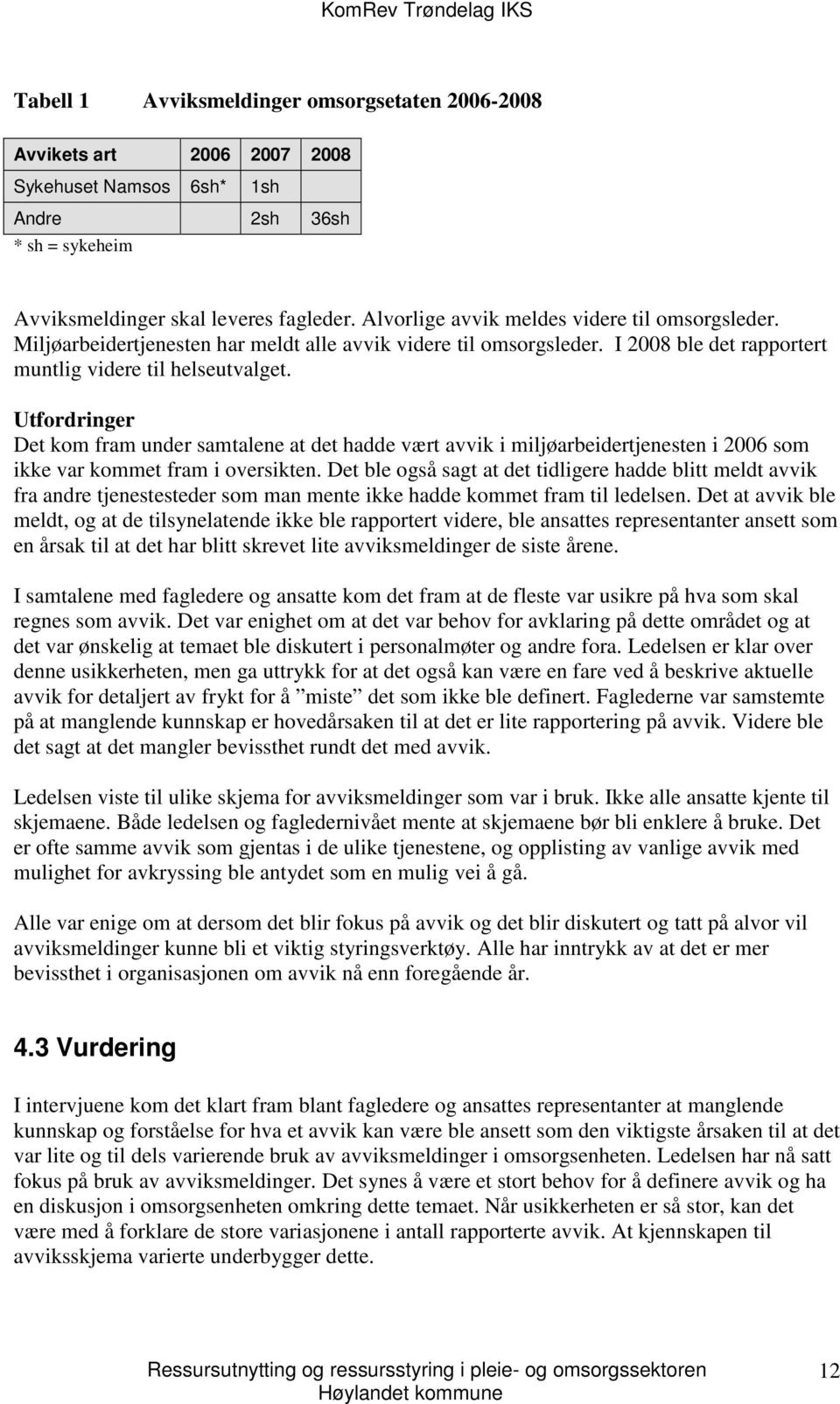 Utfordringer Det kom fram under samtalene at det hadde vært avvik i miljøarbeidertjenesten i 2006 som ikke var kommet fram i oversikten.