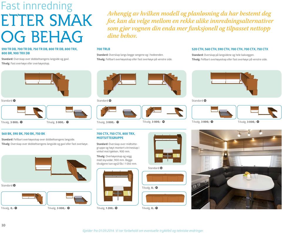 Tilvalg: Fast overkøye eller overkøyeskap. 700 TRLB Standard: Overskap langs begge sengene og i hodeenden. Tilvalg: Fellbart overkøyeskap eller fast overkøye på venstre side.