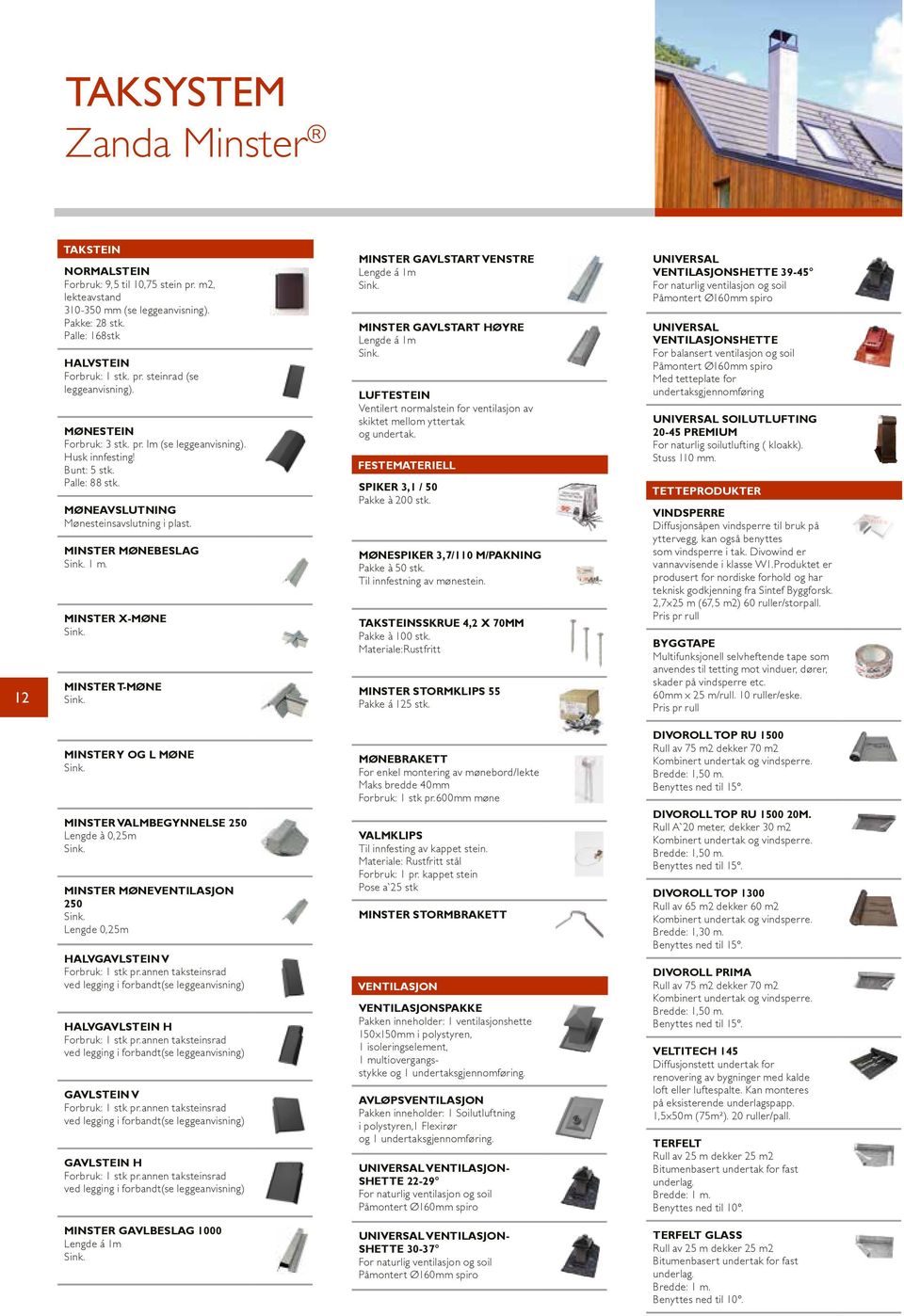 MINSTER T-MØNE Sink. MINSTER GAVLSTART VENSTRE Lengde á 1m Sink. MINSTER GAVLSTART HØYRE Lengde á 1m Sink. LUFTESTEIN Ventilert normalstein for ventilasjon av skiktet mellom yttertak og undertak.