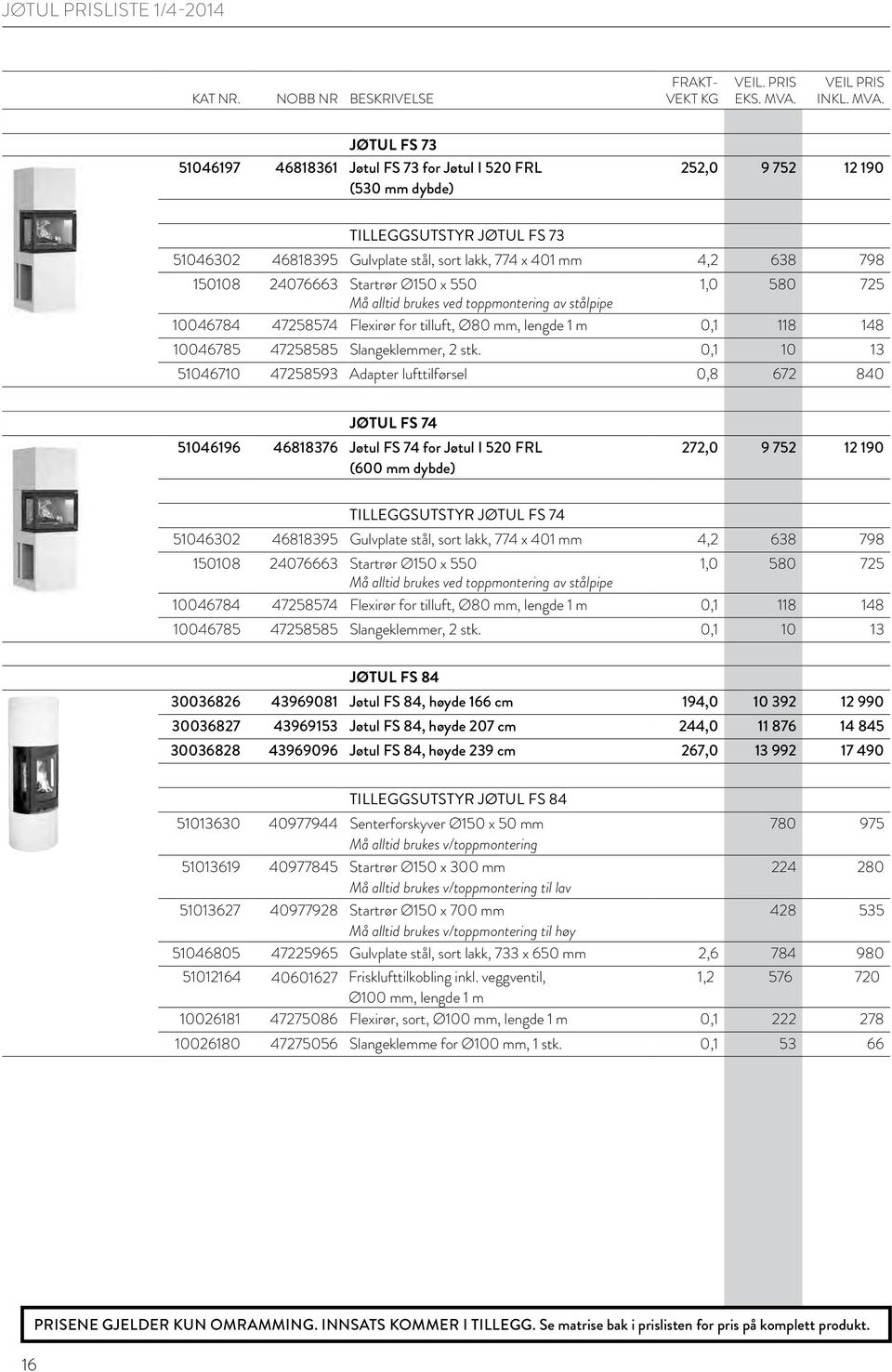 0,1 10 13 51046710 47258593 Adapter lufttilførsel 0,8 672 840 JØTUL FS 74 51046196 46818376 Jøtul FS 74 for Jøtul I 520 FRL (600 mm dybde) 272,0 9 752 12 190 TILLEGGSUTSTYR JØTUL FS 74 51046302