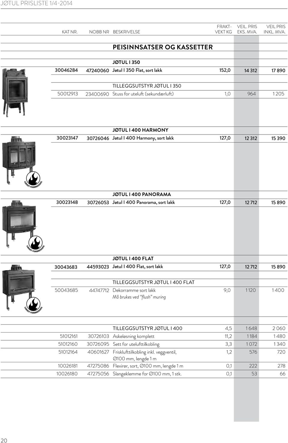 FLAT 30043683 44593023 Jøtul I 400 Flat, sort lakk 127,0 12 712 15 890 TILLEGGSUTSTYR JØTUL I 400 FLAT 50043685 44747712 Dekorramme sort lakk Må brukes ved flush muring 9,0 1 120 1 400