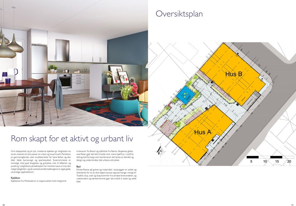 3 m² Egen hageterrasse mot rolig og trygg bakgård. 3-stavs hvit eikeparkett. Marbodal kjøkken med Røros stålhette. Integrerte hvitevarer fra Bosch. Felles takterrasse. 4.etasje 7.etasje BAD 4.