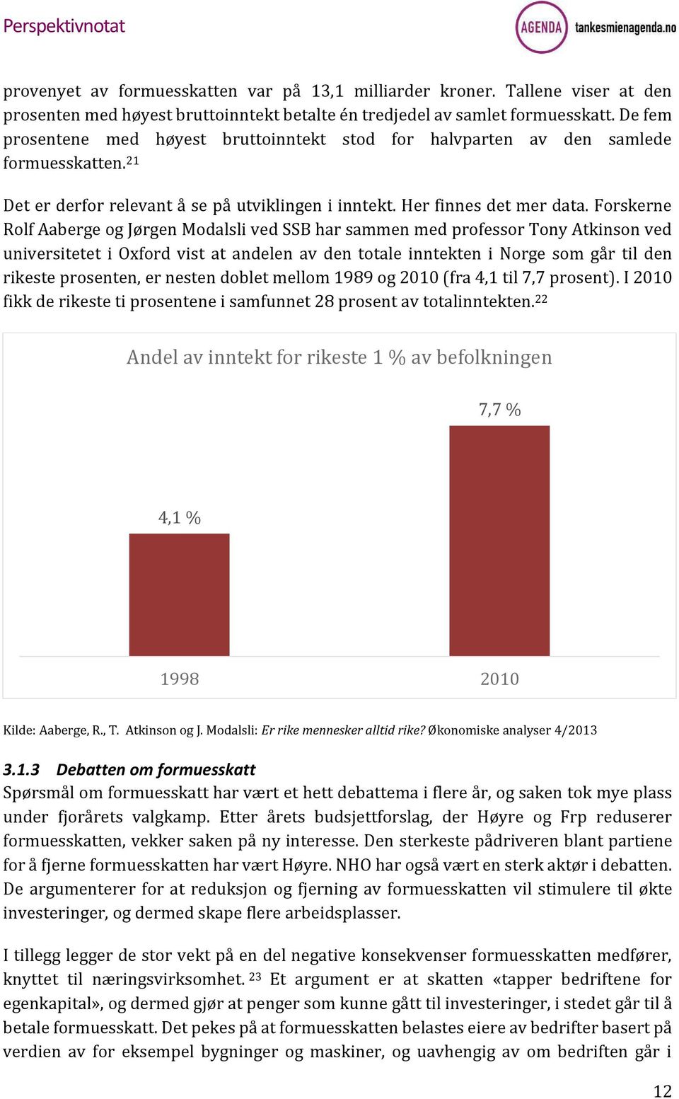 Forskerne Rolf Aaberge og Jørgen Modalsli ved SSB har sammen med professor Tony Atkinson ved universitetet i Oxford vist at andelen av den totale inntekten i Norge som går til den rikeste prosenten,