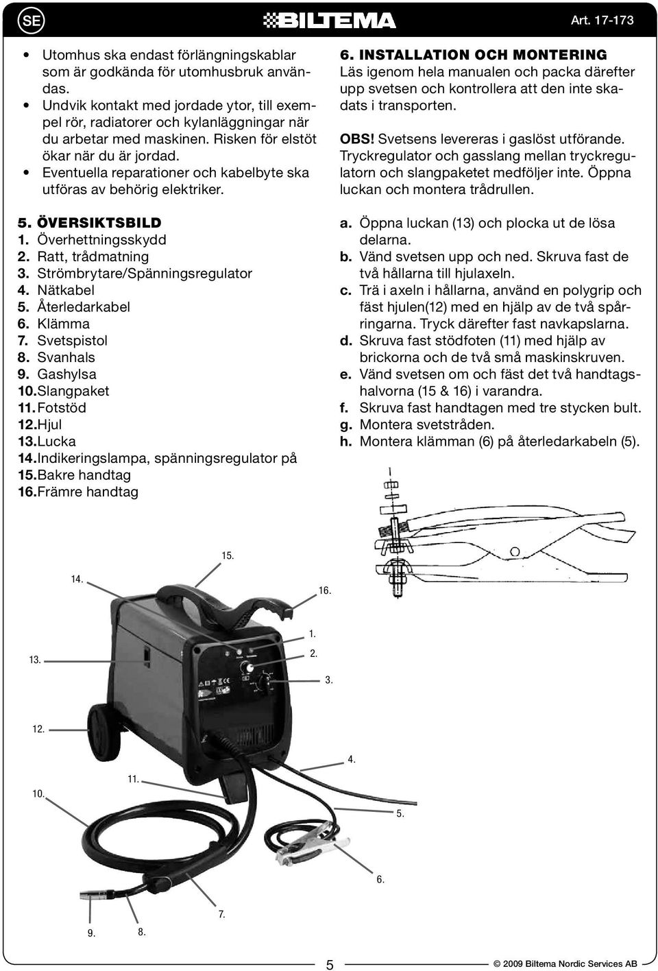 Strömbrytare/Spänningsregulator 4. Nätkabel 5. Återledarkabel 6. Klämma 7. Svetspistol 8. Svanhals 9. Gashylsa 10. Slangpaket 11. Fotstöd 12. Hjul 13. Lucka 14.