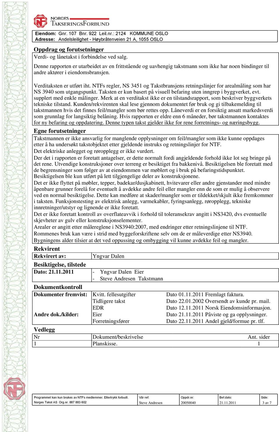 NTFs regler, NS 3451 og Takstbransjens retningslinjer for arealmåling som har NS 3940 som utgangspunkt. Taksten er kun basert på visuell befaring uten inngrep i byggverket, evt.