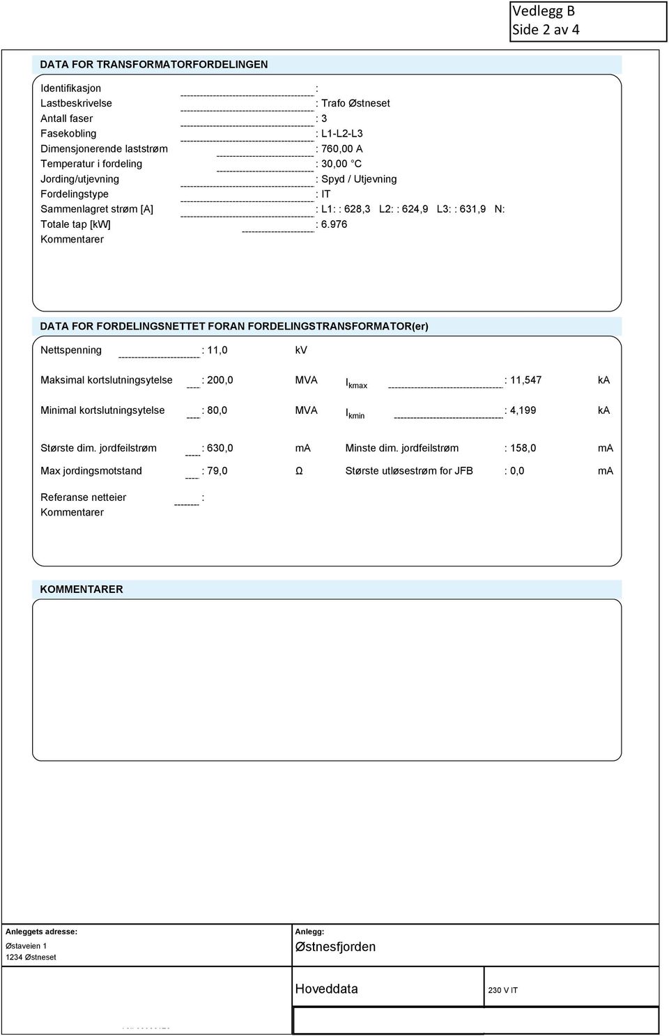 976 Kommentarer DATA FOR FORDELINGSNETTET FORAN FORDELINGSTRANSFORMATOR(er) Nettspenning 11,0 kv Maksimal kortslutningsytelse 200,0 MVA I kmax 11,547 ka Minimal kortslutningsytelse 80,0 MVA I kmin