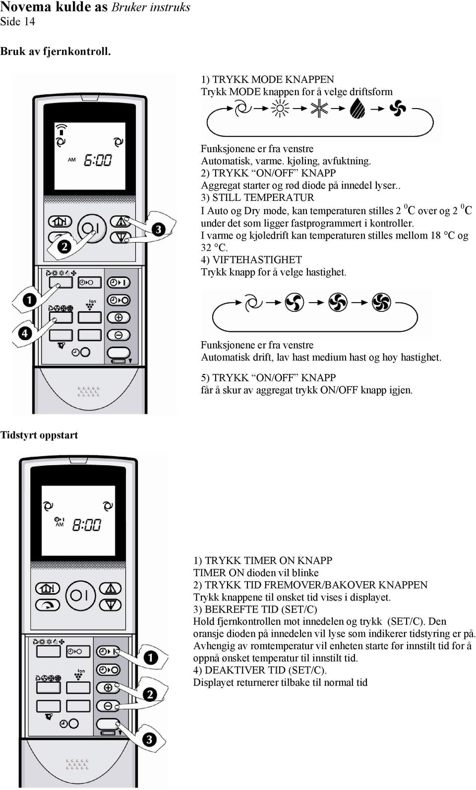 . 3) STILL TEMPERATUR I Auto og Dry mode, kan temperaturen stilles 2 0 C over og 2 0 C under det som ligger fastprogrammert i kontroller.