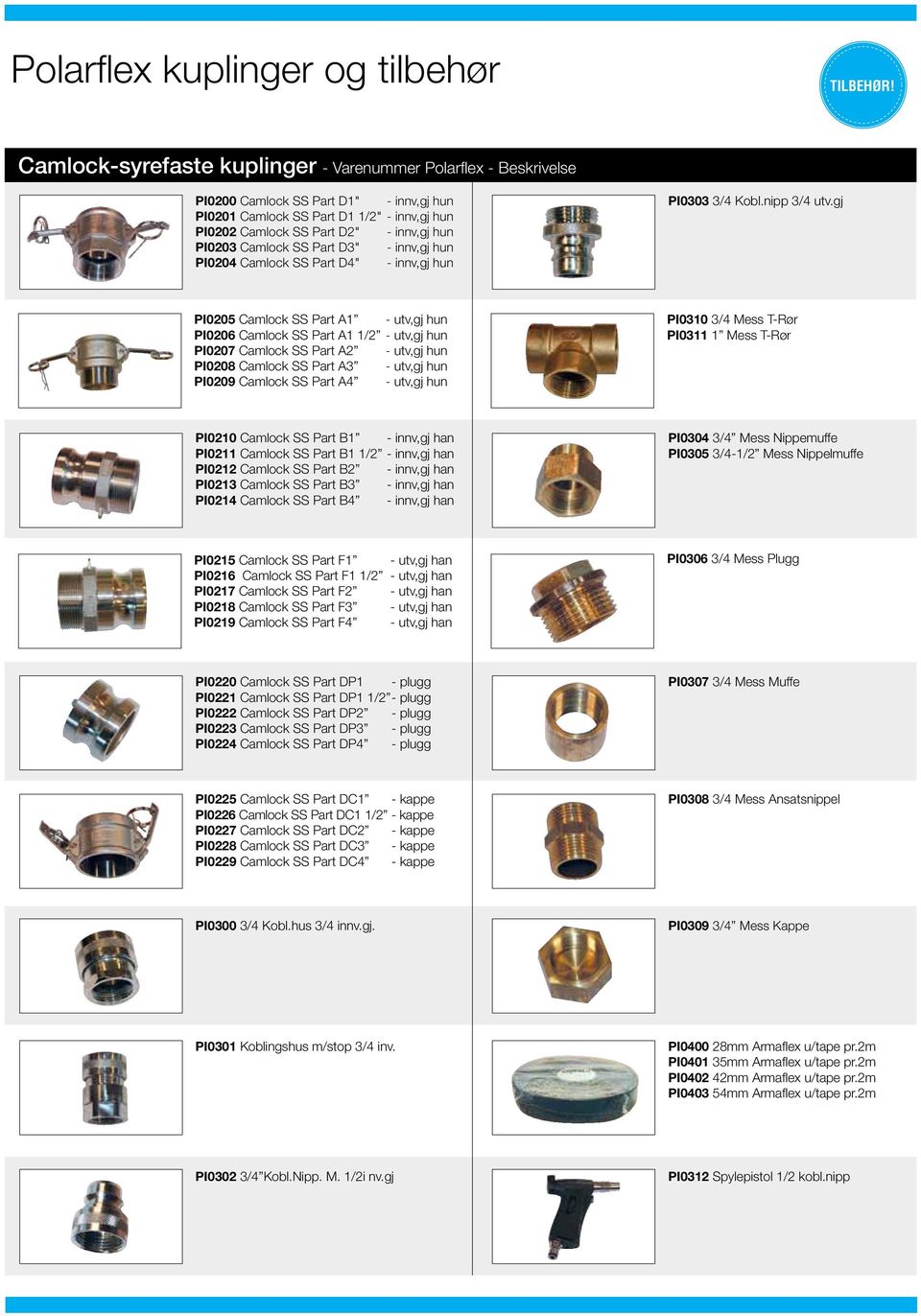 Camlock SS Part D3" - innv,gj hun PI0204 Camlock SS Part D4" - innv,gj hun PI0303 3/4 Kobl.nipp 3/4 utv.