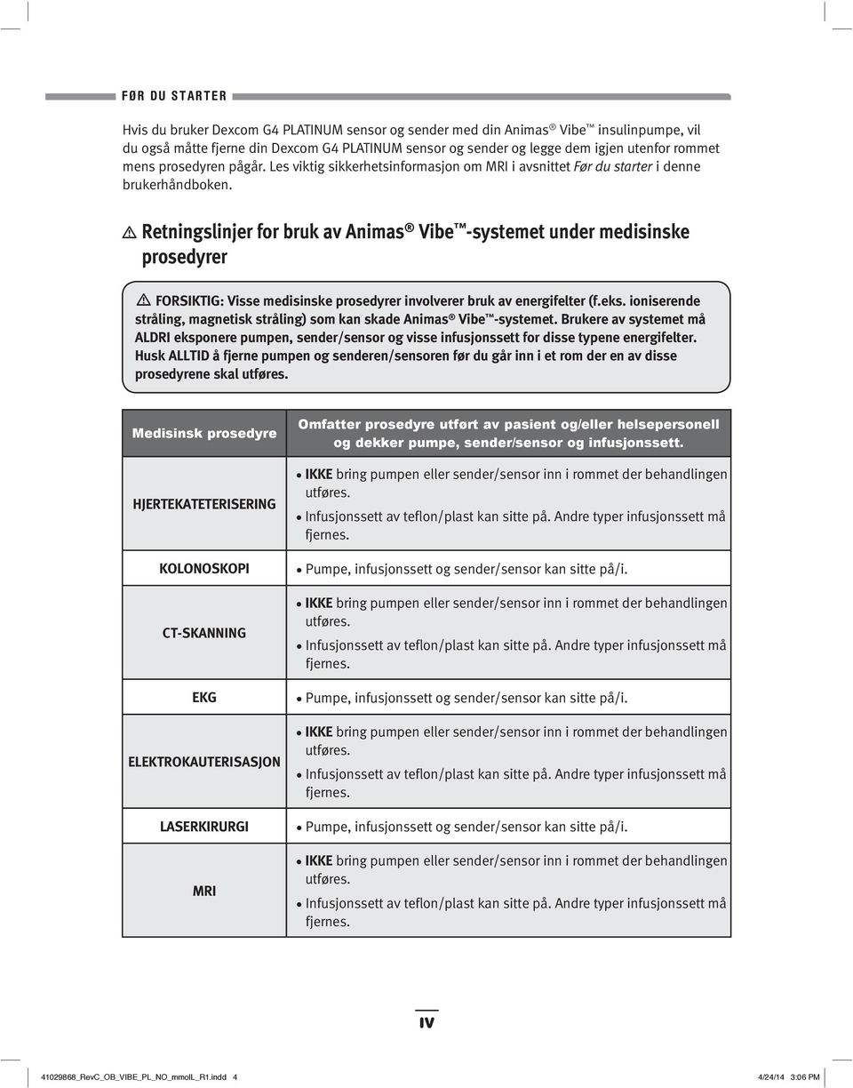 Retningslinjer for bruk av Animas Vibe -systemet under medisinske prosedyrer FORSIKTIG: Visse medisinske prosedyrer involverer bruk av energifelter (f.eks.