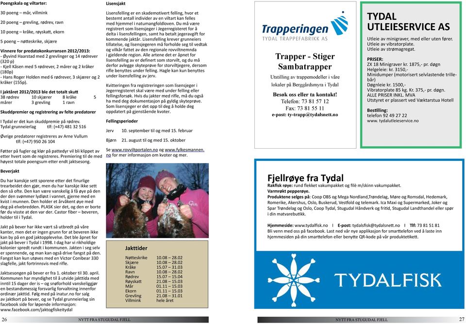 I jaktåret 2012/2013 ble det totalt skutt 38 rødrev 10 skjærer 8 kråke 5 mårer 3 grevling 1 ravn Skuddpremier og registrering av felte predatorer I Tydal er det kun skuddpremie på rødrev.