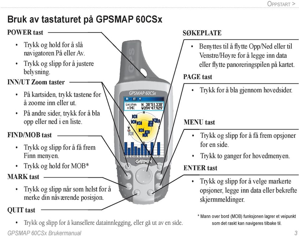 Trykk og hold for MOB* MARK tast Trykk og slipp når som helst for å merke din nåværende posisjon. QUIT tast GPSMAP 60CSx Trykk og slipp for å kansellere datainnlegging, eller gå ut av en side.