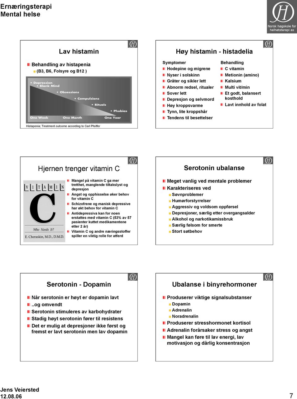 Histapenia; Treatment outcome according to Carl Pfeiffer Hjernen trenger vitamin C Serotonin ubalanse Mangel på vitamin C ga mer tretthet, manglende tiltakslyst og depresjon Angst og opphisselse øker