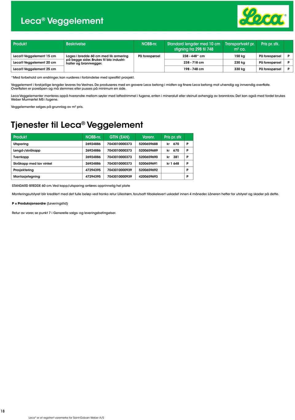 238-718 cm 230 kg På forespørsel P Leca Veggelement 25 cm 198-748 cm 330 kg På forespørsel P *Med forbehold om endringer, kan vurderes i forbindelse med spesifikt prosjekt.