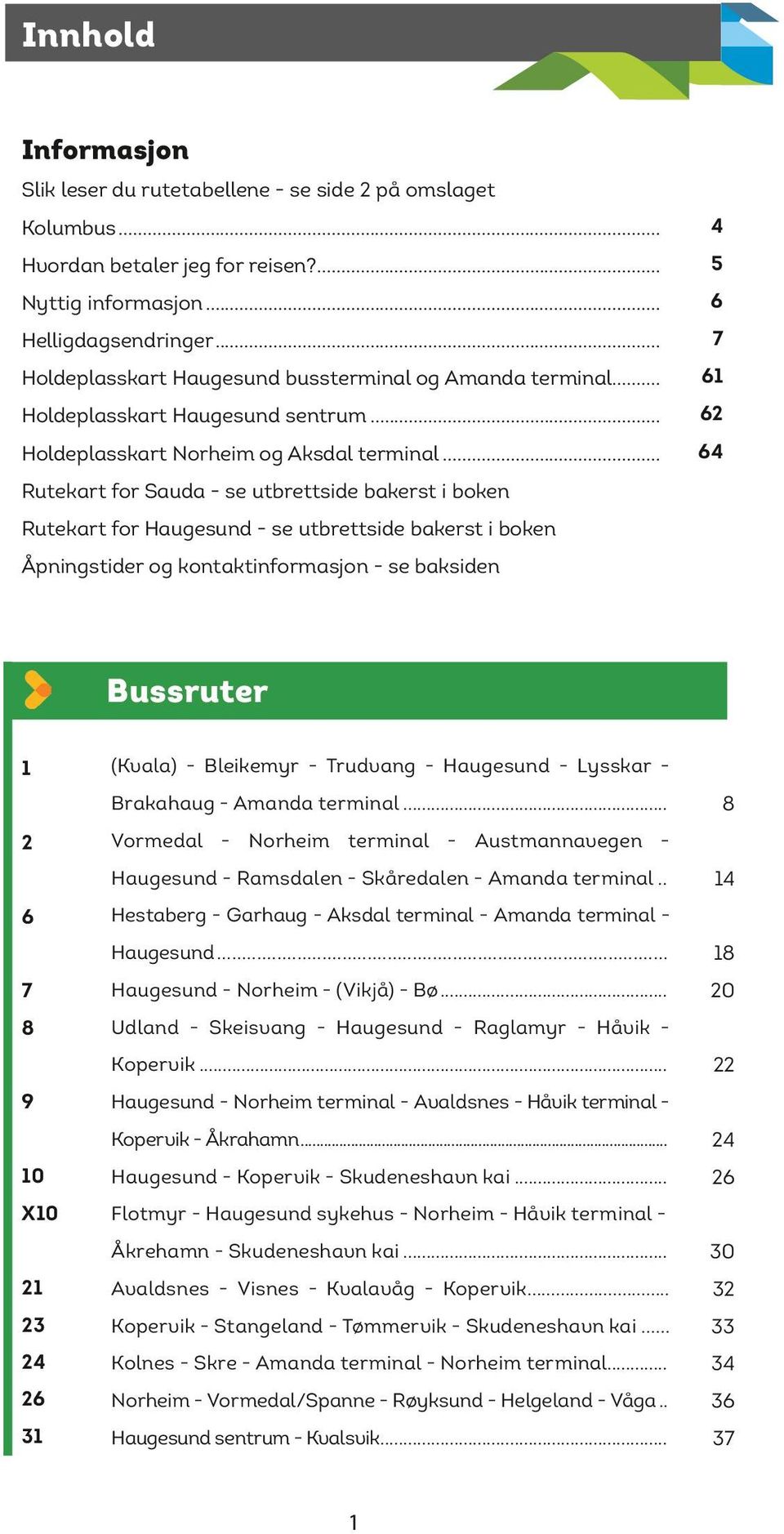 .. Rutekart for Sauda - se utbrettside bakerst i boken Rutekart for Haugesund - se utbrettside bakerst i boken Åpningstider og kontaktinformasjon - se baksiden 4 5 6 7 61 62 64 Bussruter 1 2 6 7 8 9