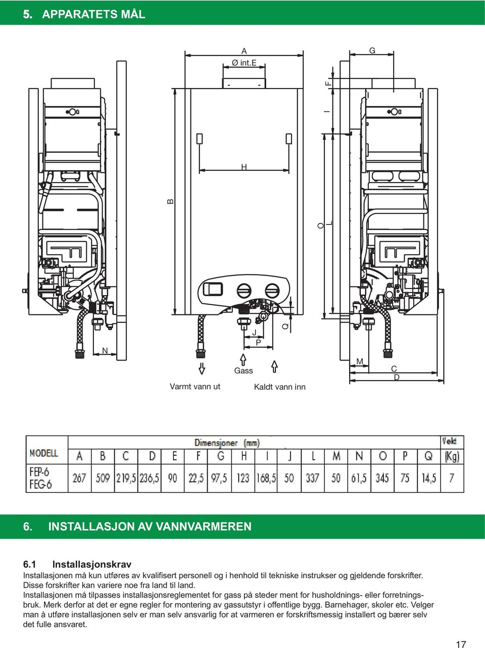 Disse forskrifter kan variere noe fra land til land. Installasjonen må tilpasses installasjonsreglementet for gass på steder ment for husholdnings- eller forretningsbruk.