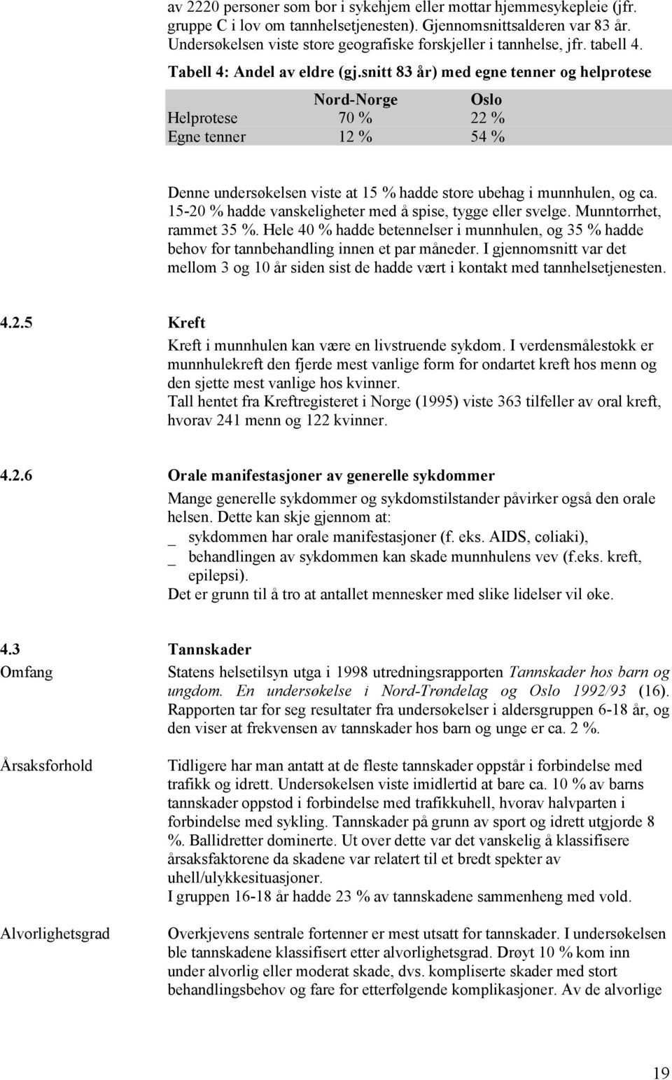 snitt 83 år) med egne tenner og helprotese Nord-Norge Oslo Helprotese 70 % 22 % Egne tenner 12 % 54 % Denne undersøkelsen viste at 15 % hadde store ubehag i munnhulen, og ca.