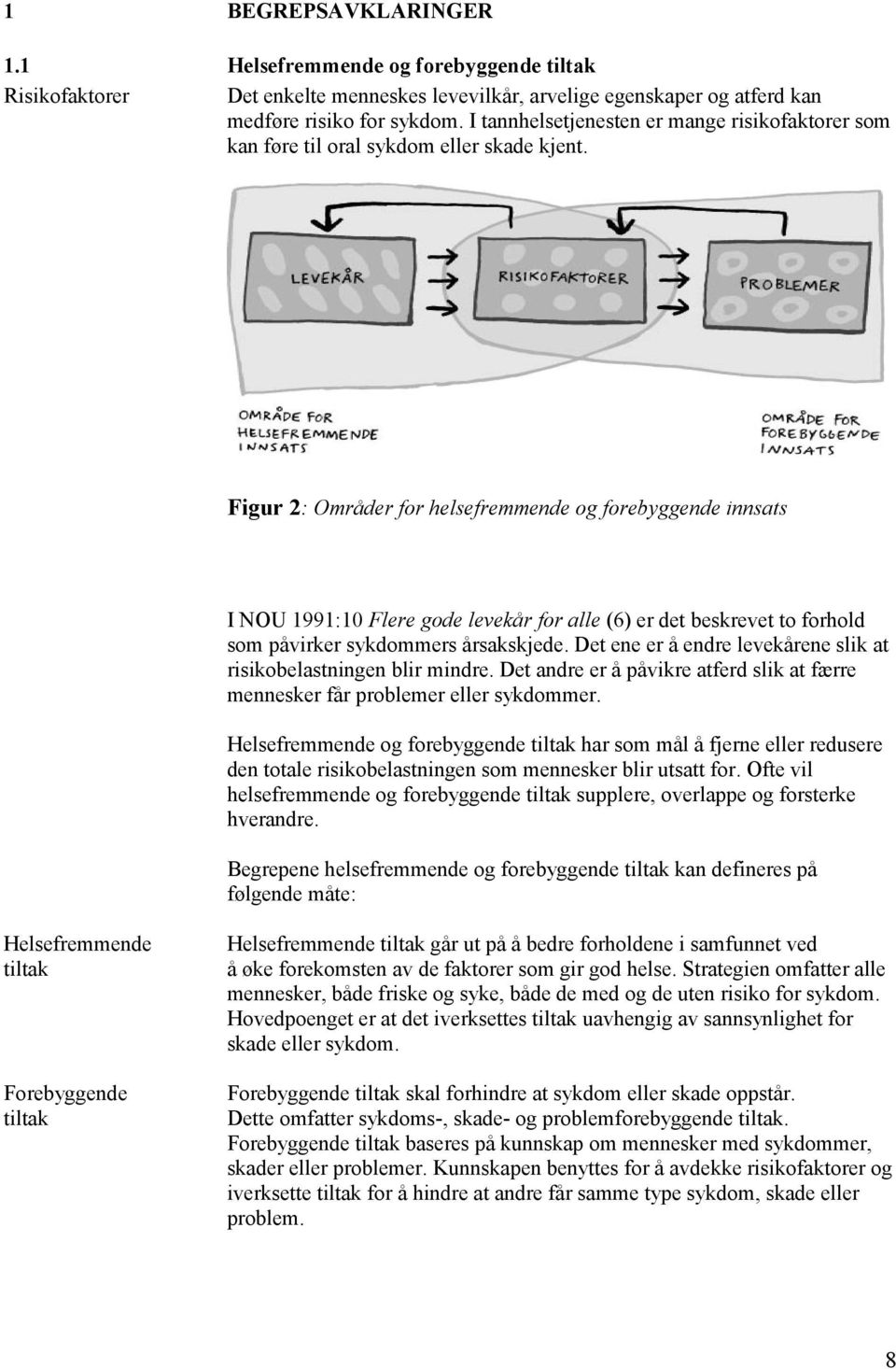 Figur 2: Områder for helsefremmende og forebyggende innsats I NOU 1991:10 Flere gode levekår for alle (6) er det beskrevet to forhold som påvirker sykdommers årsakskjede.